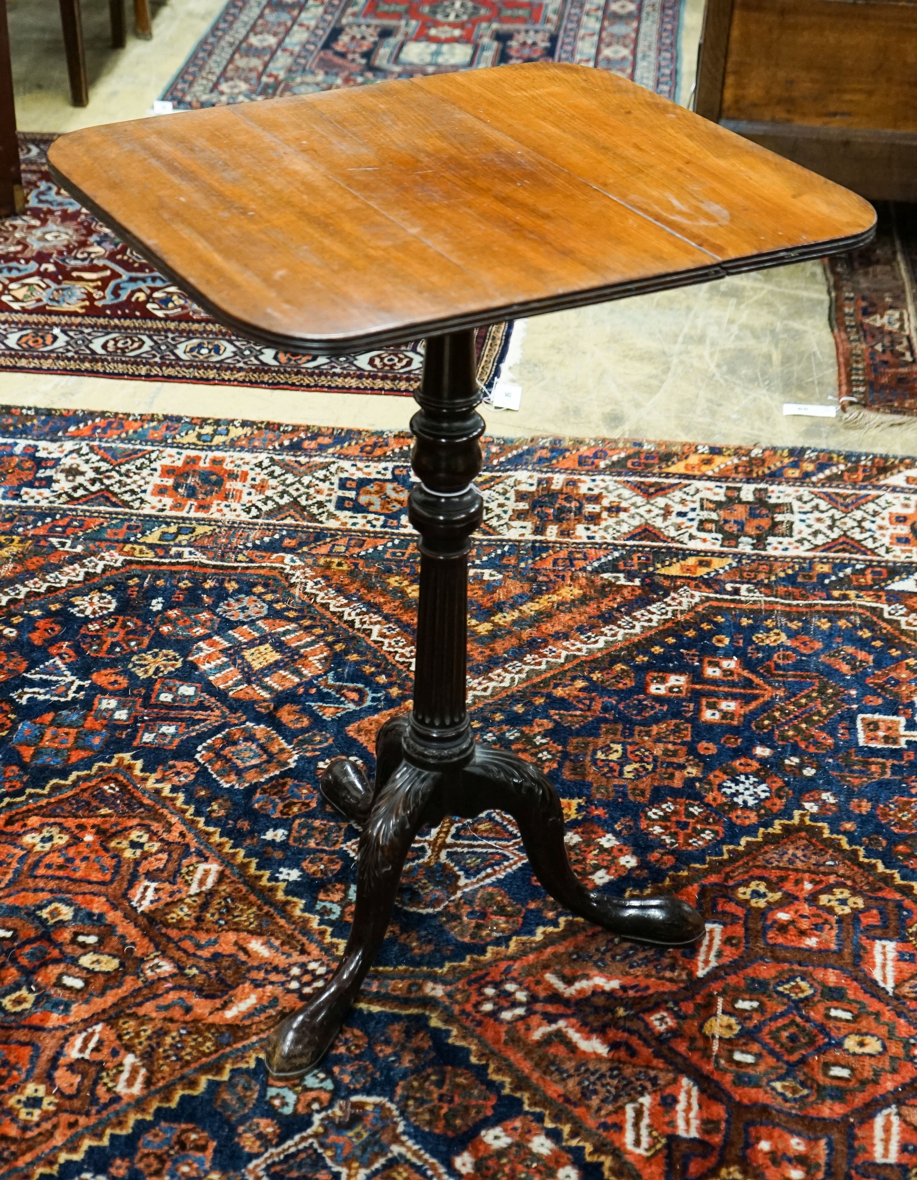 A George III rectangular mahogany tripod wine table (altered), width 53cm, depth 46cm, height 75cm